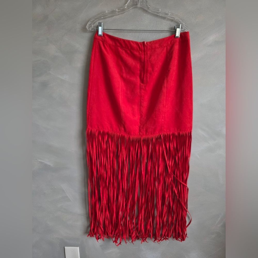 Red Faux Suede Long Fringe Maxi skirt H&M x Coachella Collection Sz 12 - Picture 8 of 12